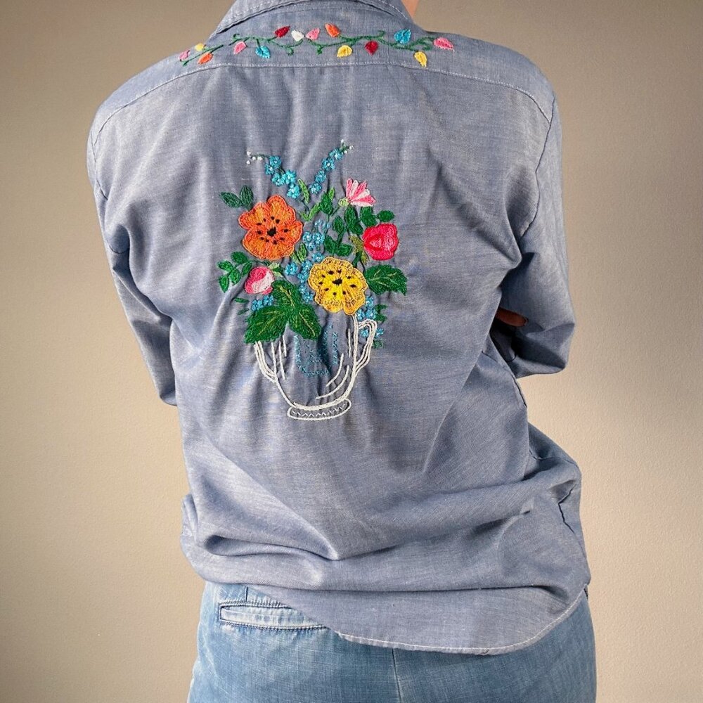 Vintage 70s Light Blue Embroidered Button-Down Shirt